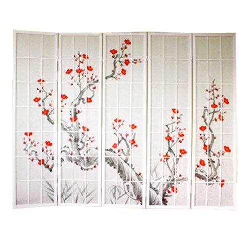 Paravent japonais fleur de cerisier en bois blanc de 5 pans, L220 x H175 x P2 cm-PEGANE-