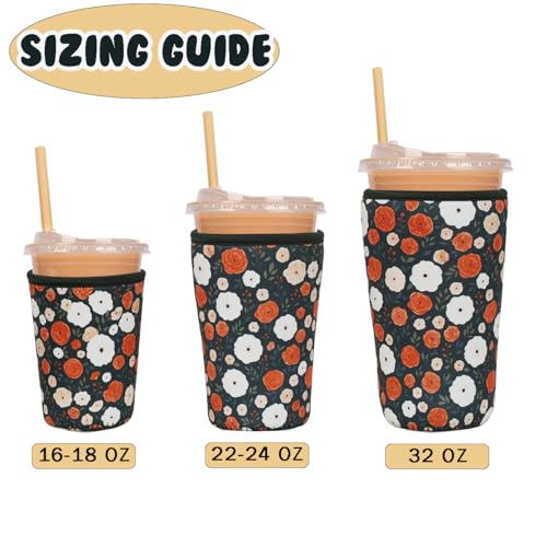 Image of Reusable Insulated Neoprene Iced Coffee Cup Sleeve, Durable Drink Sleeve for Cold Beverages, Beverage Holder for Iced Coffee, Midnight Blooms