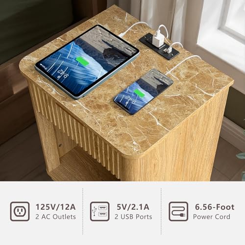 Image of Nightstands Set of 2, Fluted Nightstands with Drawer Faux Marble Top & Curved Edge, Modern Night Stands with Charging Station, End Tables Living Room, Bedside Table, Bedroom Furniture, Oak