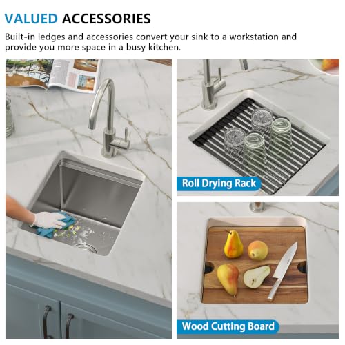 Image of 13 inchx15 inch Bar Prep Sink Undermount Workstation | 16 Gauge T304 Stainless Steel Under Counter Single Bowl Small Basin for RV Kitchen Wet Bar Prep Outdoor Station
