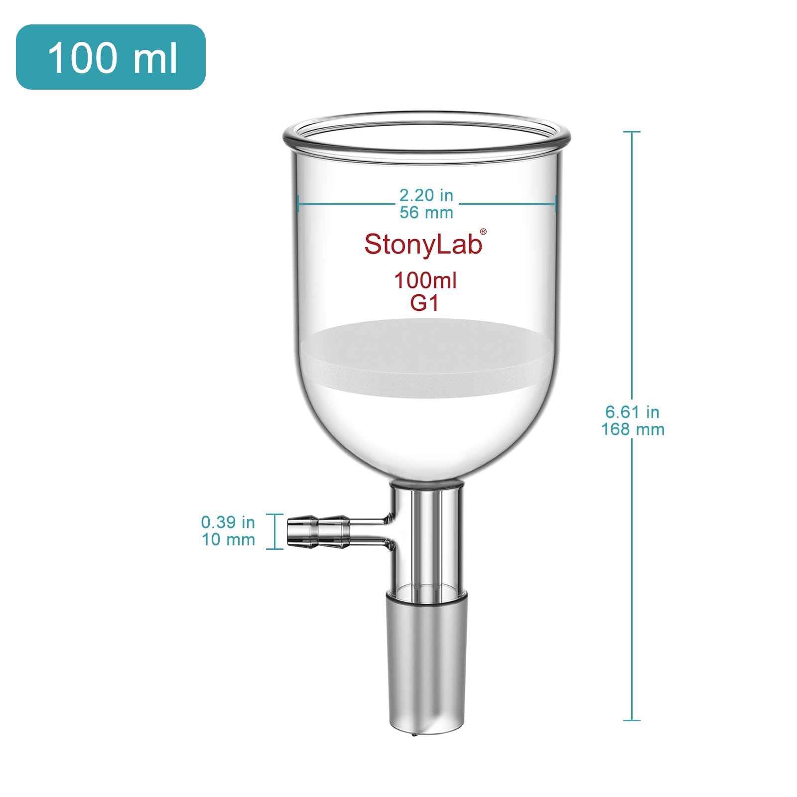 StonyLab borokrzemowy szklany lejek filtrujący z grubym frezem (G1), średnica wewnętrzna 56 mm, głębokość 60 mm, ze standardowym przegubem wewnętrznym 24/40 i ząbkowaną rurką próżniową (100 ml)