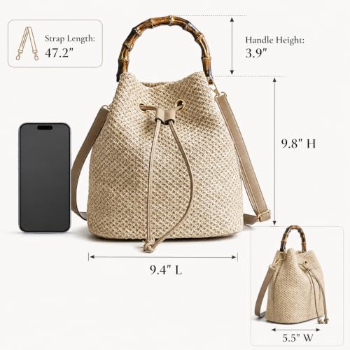 Bolso de paja tipo cubo con asa de bambú para mujer miniatura 4
