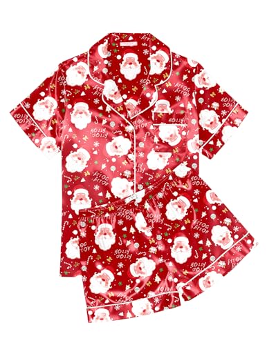 Image of Ekouaer Womens Silk Satin Pajama Sets Soft Short Sleeve Button Down Sleepwear Top and Shorts 2 Piece Pjs Lounge Set