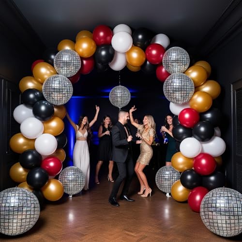 Image of Inflatable Disco Ball Balloons Pack of 14 - 22 inch Silver Mylar Foil Disco Party Balloons with Star Balloons, Ribbon & Pipe for New Year's Disco Ball Decorations Party, Bachelorette, Birthday Decor