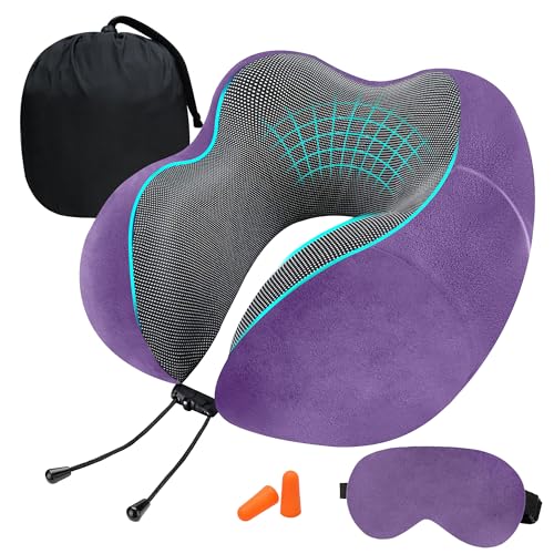 GREELI Premium Memory Foam Luxury Travel Neck Rest Pillow with Super Soft Removable Cover, Multipurpose Comfortable Travel Pillow for Men and Women (Lavender Combo)