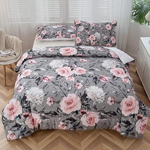 TOPTREE Pink Floral Comforter Set Full - Vintage Aesthetic Rose Floral Bedding with Botanical Leaf Print Pattern Modern Trendy Flower Bed Set for Women Aldult（Grey, Full ）