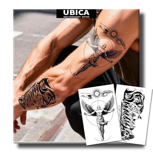 UBICA Semi Permanent Tattoos, 2 Sheets Large Realistic Temporary Tattoos for Men, Fake Tattoos for Arm Back, Waterproof, No Reflective, Lasts 1-2 Weeks (Mythical Angel Wing & Cards Win Designs)