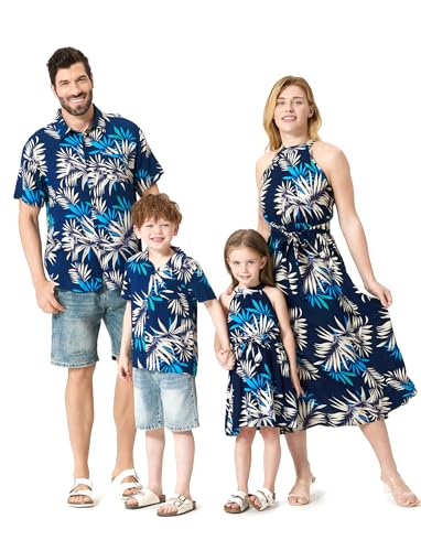 PATPAT Family Hawaiian Matching Outfits Mommy and Me Dresses Matching Set Tropical Floral Palm Leaf Print Halter Neck Hawaiian Sundress Boho Beach Navy Blue Romper Dress for Baby Girl 3-6 Months