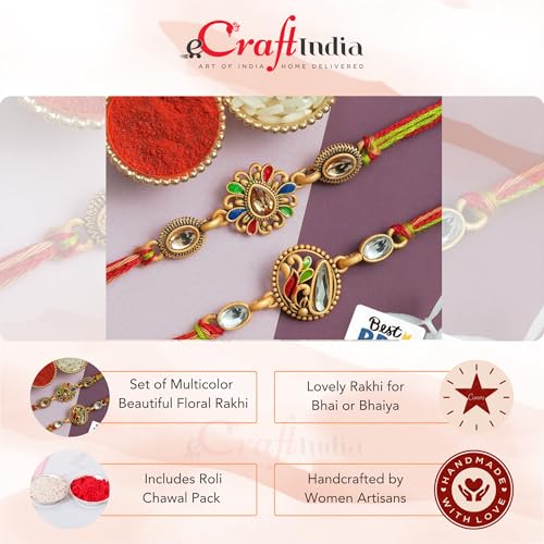 Image of eCraftIndia Multicolor Beautiful Floral Designer Rakhi Set of 2 | Rakhi for Brother Bhaiya Bhai with Best Bro Ever Fridge Magnet | Roli Chawal Pack