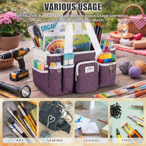 Image of JJRING Foldable Craft Organizer Tote With Zipper & Divider, Purple | Portable Art Storage Caddy Bag For Scrapbooking, Sewing, Artist & Home