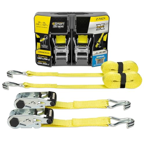 SmartStraps 14’ Ratchet Straps, 2 Pack –5,000lbs Break Strength, 1,667lbs Safe Work Load –Commercial Tie Down Straps for Heavy Duty Cargo, Haul Equipment and Vehicles