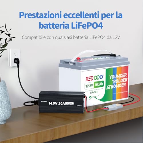 Redodo 14,6V 20A Caricabatterie Lifepo4 per Batterie Litio Ferro Fosfato, Carica Veloce, Alta Efficienza di Carica, Progettato per Caricare Batterie LiFePO4 a Ciclo Profondo