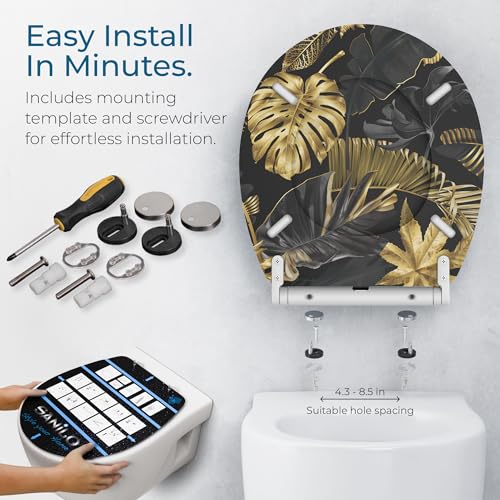 Image of Sanilo Wooden Toilet Seat with Quick Release & Soft Close [ROUND] - Decorative & Slow Close Molded Wood Seat - With One Click for Easy Installation & Cleaning - With Adjustable Fit (Golden Leaves)