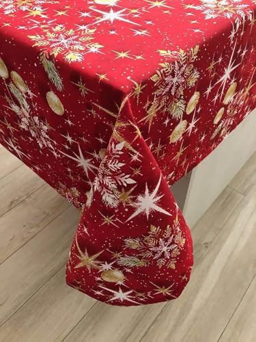 1KDreams Weihnachtstischdecke. Roter Hintergrund mit goldenen Kugeln,...