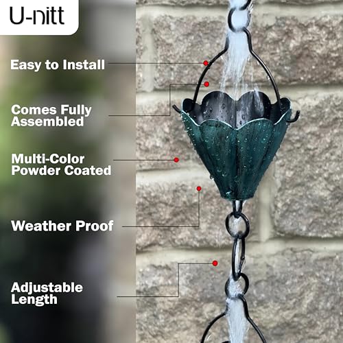 U-nitt Rain Chain Water Collection for Gutters, Rainwater Catcher & Diverter, 8.5 FT Chains for Outside Garden, Multi Color Cups, Roof Downspout, Works with Heavy Rain, w/Gutter Clip for Rainchains - Thumbnail 2