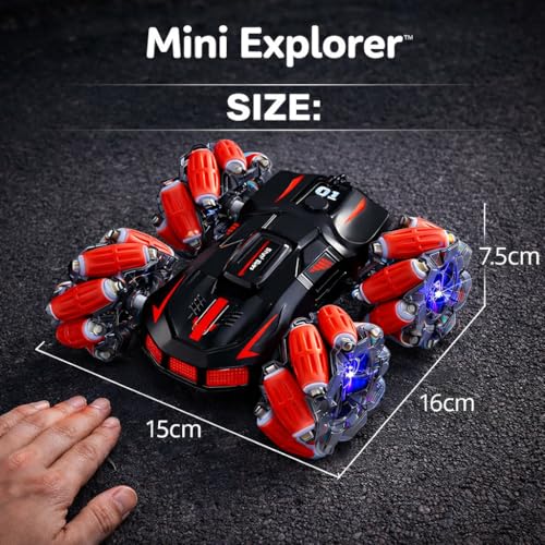 Image of MiniExplorer 4WD Double Sided RC Smoke Stunt Drift Car | 360 Rotating Remote Control Toy with Spray Mist, LED Lights & Rechargeable Battery | High Speed Off Road RC Car for Kids 8-14+ Years | Black