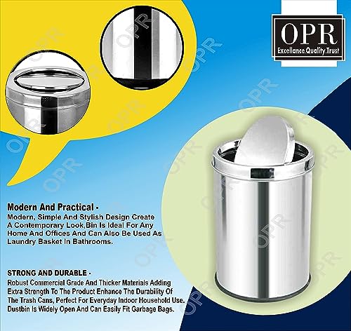 Image of OPR Stainless Steel Swing Dust Bin with Lid| Trash Can for Home, Kitchen, Washroom, Offices And Bathroom (10 X 14 in. -20 Liter)