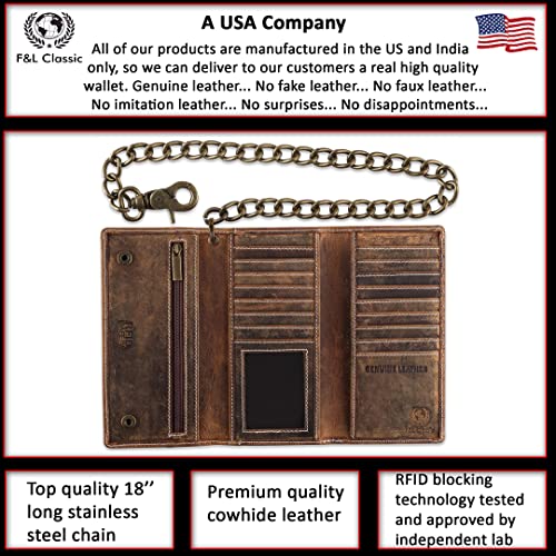 Image of F&L CLASSIC Chain Wallets for Men buffalo premium leather RFID blocking long style Tri-fold for Trucker, bikers, vintage look,buff hunter White stitching,212