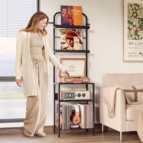 Homsorout Record Player Stand with Vinyl Storage - 5-Tier Turntable Table with Adjustable Feet, Metal & Wood Cabinet - Console Organizer Display Shelf for Living Room, Apartment