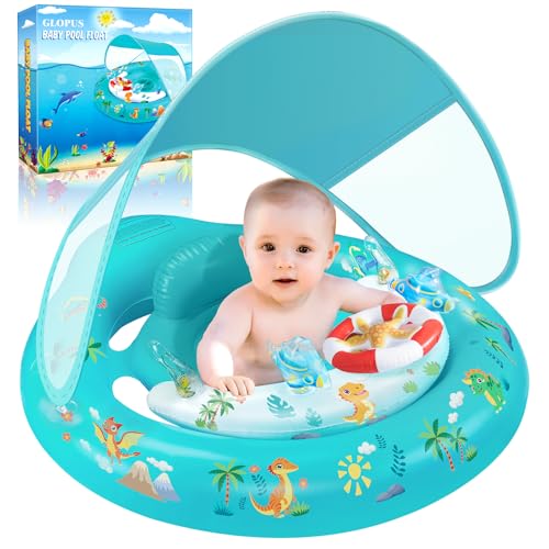 Image of Baby Pool Float with Canopy UPF50+ Sun Protection, Inflatable Kids Pool Floats with Toy Play Console for Baby 6-36 Months, Infant Swimming Float with Adjustable Safety Seat for Boys Girls
