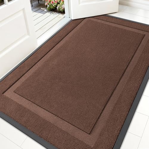 Image of OLANLY Front Door Mat Indoor Outdoor Entrance, Waterproof All-Season, All-Weather Doormat, Sturdy Natural Rubber, Low Profile, Easy Clean Patio Porch Entryway Mat, 59x34, Chocolate Brown