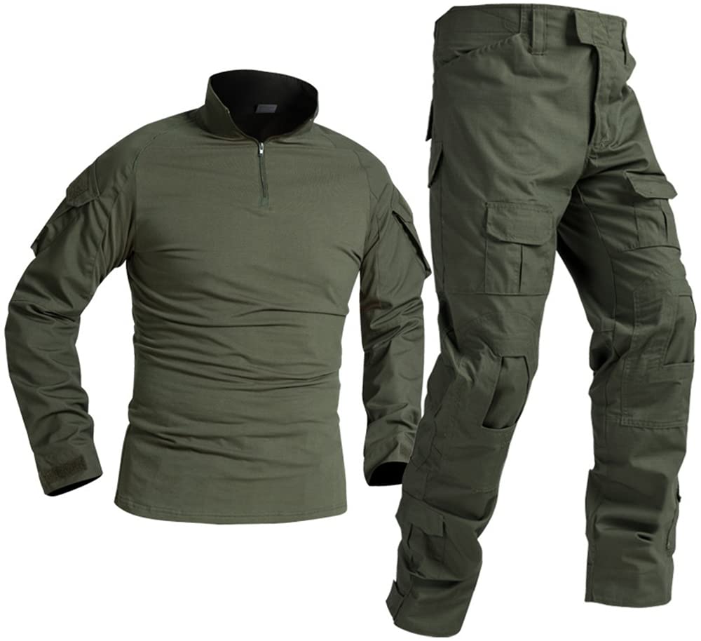 Uugood Military T-Shirt Trouser Combat Shirt Suits Camouflage Long Sleeve Uniform Sets Tactical Shirt Suits for Airsoft Paintball Hunting, Green, XL