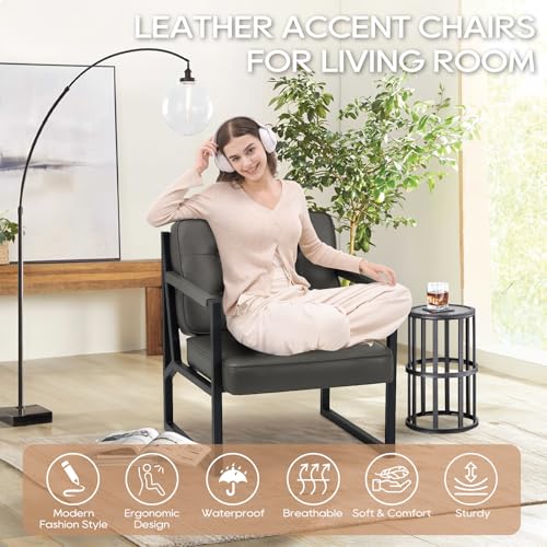 Image of COLAMY Accent Chairs Set of 2, Modern Accent Arm Chairs for Living Room, Comfy Leather Armchairs with Metal Legs for Bedroom Reception Room, Grey