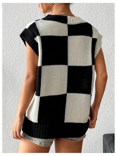Verdusa Women's Checkered Sweater Vest Old Money Knit Tops 2025 Fall Trendy Cap Sleeve Sweater Vest2