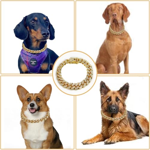 Luxury Gold Crystal Dog Collar - Designer Cuban Link Metal Chain Necklace with Secure Buckle Stylish Jewelry Accessory for Small, Medium, Large Dogs Cats (Gold, 10 Inch) by Maydueosiy - Used condition - Image 3