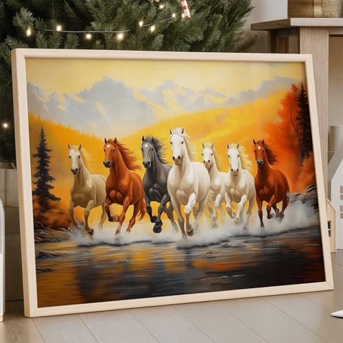 Image of HOTHOUSE Seven Running Vastu Lucky Horse Rising Sun Painting Wall Decor | 7 Horses Vastu Frame Wall Art Painting for Living Room Bedroom Office Home Decor Size (13X17 inch)