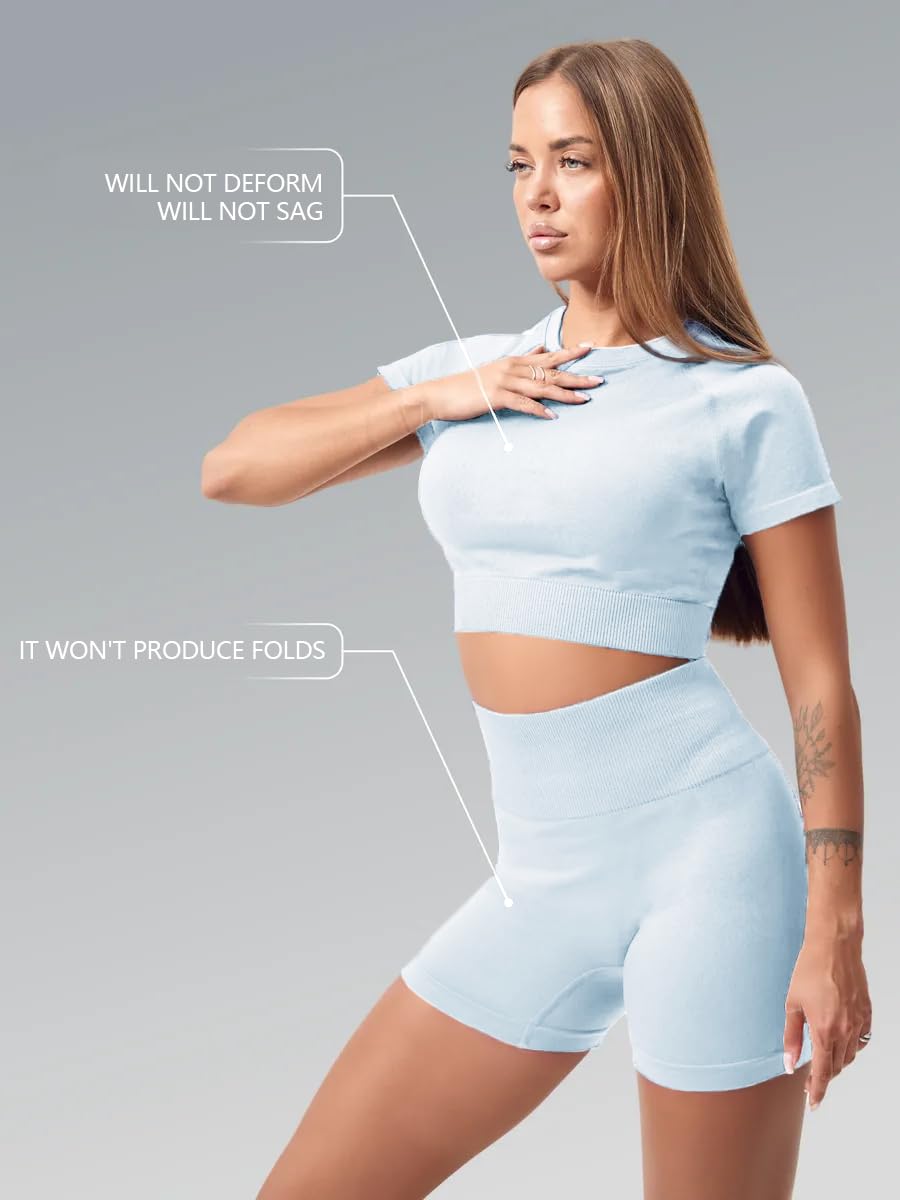 Ensembles D'entraînement pour Femmes Top Court Sans Coutures 2 Pièce Short Taille Haute Tenues Décontractées Yoga Fitness Gym