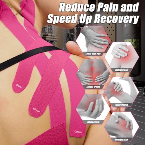 Image of CKeep 4 Rolls Kinesiology Tape, Original Cotton Elastic Athletic Tape, 20 Precut 10 inch Strips Each, Pink, Ideal for Muscle Support & Injury Prevention