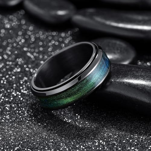 King Will Mens 8mm Stainless Steel Rings Anxiety Fidget Spinner Ring Black Plated Blue Green Galaxy Sand Inlay Beveled Edge Spinning Wedding Bands Comfort Fit Size 7-122