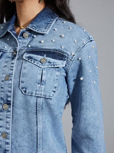 Image of Miss Chase Women's Polo Neck Full Sleeves Patch Pocket Denim Overcoat Knee-Length Jacket