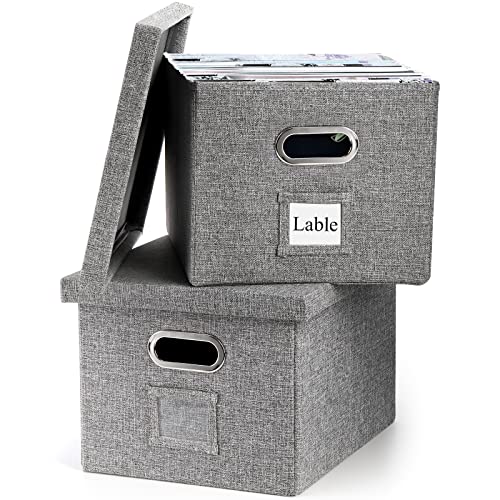 Hedume Set of 2 File Organizer Box, Collapsible Linen Filing Cabinets, Decorative Linen Filing Storage Hanging File Folders with Lids and Durable MDF Board, Space Saving File Folder Storage