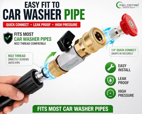 Image of Fieldstar Pressure Washer Nozzle Kit with Connector (5 Spray Nozzles), M22 to 1 /4 inch Quick Connect, High Pressure Car Wash Spray, Fits Most Car Washer Pipes