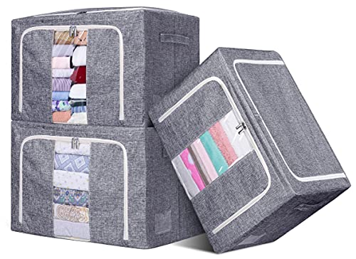 SLEEPING LAMB 66L Large Capacity Stackable Oxford Frame Clothes Storage Organizer Foldable Linen Sweater Box for Closet, Bedding Pillow Sweater Sheet, 3 Packs, Grey