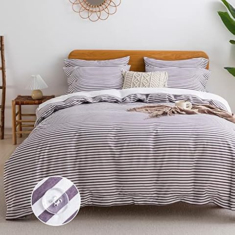 JELLYMONI Twin Duvet Cover Set- Cotton Duvet Cover 2 Pieces with Button Closure, 1 Duvet Cover and 1 Pillow Sham(Purple with White Striped) Cover