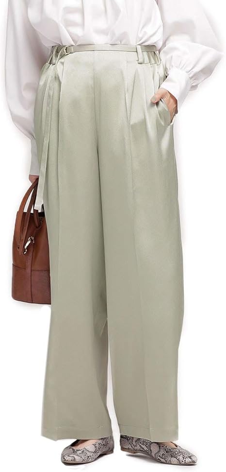 Amazon ナノユニバース ロングパンツ ハンマーサテンタックリラックスパンツ レディース ロングパンツ 通販