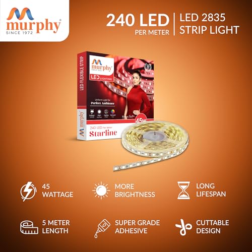 Image of Murphy 45W LED Strip Light 2835 High Lumen 5 Metre (240 LEDs /Mtr) Natural White - 12V DC 10A Driver Included | Cove /False Ceiling /Decor Light (Pack of 1, 1-Year Warranty)