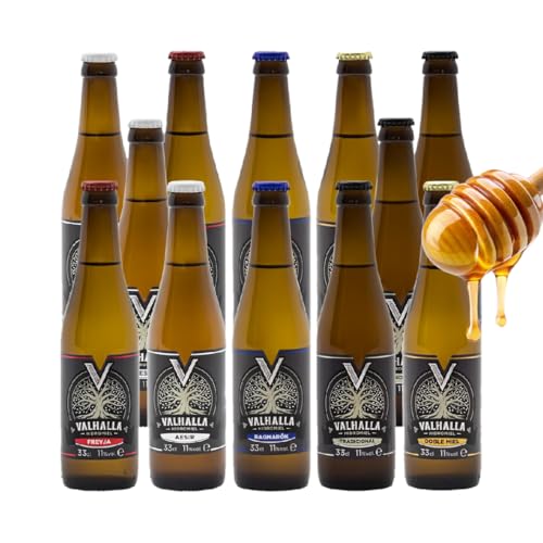 Valhalla Hidromiel Caja de 12 Botellines de 5 Sabores | Surtido Sabores Valhalla, Aesir, Tradicional, Doble Miel, Freyja y Ragnarök. Bebida Ecológica. Ideal para Fiestas. Botellines de 33cl