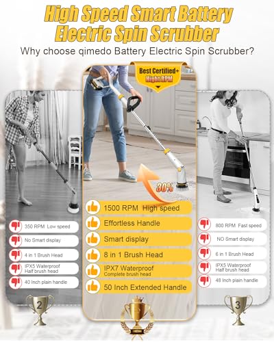 Qimedo YD-QJS1802 Electric Spin Scrubber With Two Batteries Q2 Pro,1500 Rpm High Power Electric Scrubber For Cleaning,Shower Cordless Cleaning Brush With Display For Tub/Tile/Floor thumb #2