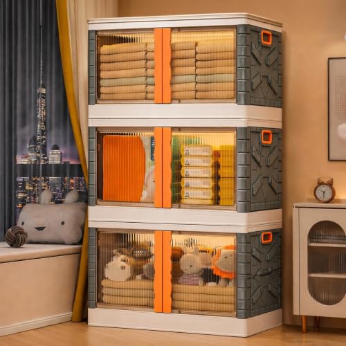 Image of BAMEOS ๐ ๐๐๐๐๐ Foldable Plastic Storage Cabinet with Double Transparent Doors | Dustproof Storage Organizer for Clothes, Toys, Books & Baby Essentials | Multipurpose Wardrobe Storage for Home