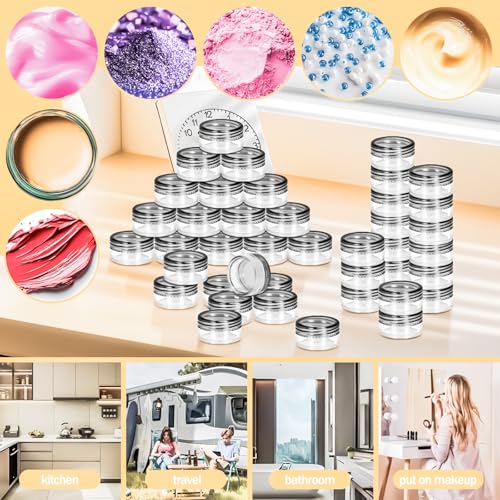 MotBach 200 Pack 5g Plastic Jars with Lids, 5ml Round Clear Cosmetic Containers Makeup Jars, 5gram Travel Size Container Jar with Spatulas for Makeup Lotion Cream Sample Ointment Salve Balm Powder4