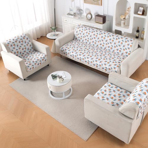 Image of HOKIPO Abstract Petals Quilted Sofa Cover 5 Seater with Tassels Set - Sofa Cover for Seat & Back | 'Tassel Twigs' Series (IN-991-T10 + IN-989-T10)