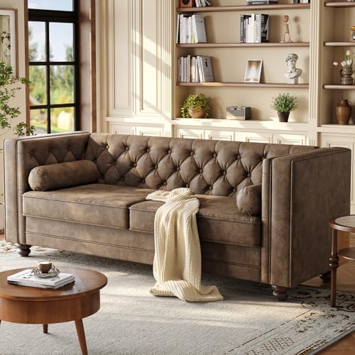 ONBRILL 79'' Chesterfield Sofa for Living Room, Comfy Faux Leather Button-Tufted Couch with 2 Bolster Pillows and Wood Legs, Mid-Century Modern Deep Seat Couch for Apartment, Office, Brown - Thumbnail 5