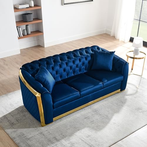 Image of KEIKI 84 inch Luxury Oversized Velvet Chesterfield Sofa with 2 Pillow & Gold Stainless Decoration, Italian Modern Style 3-Seater Button Tufted Couch with Rolled Arms, Easy Assembly, for Living Room, Navy