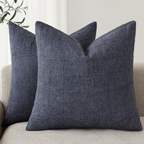 Image of Foindtower Set of 2 Decorative Linen Check Throw Pillow Covers Neutral Farmhouse Vintage Cushion Covers Modern Boho Home Decor for Sofa Chair Couch Bedroom Living Room,20x20 Inch,Navy Blue