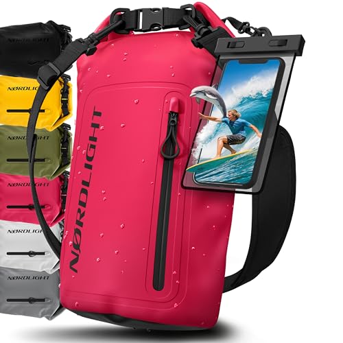 Nordlight Bolsa Estanca Impermeable + Funda para Móvil, Cierre Enrollable, Correa para Hombro | Drybag Mochila Impermeable Saco Estanco Bolsa de Transporte Náutica | Playa Sup - Rosa, 30 litros