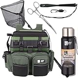 Zite Fishing Multi-Angelkoffer 3-in-1 Set | Angelrucksack + Kescher Gummiert + Hakenlöser + Fischtöter + Thermoskanne 1 Liter Doppelwandig | Angelzubehör Set | Sitzkiepe & Thermosflasche